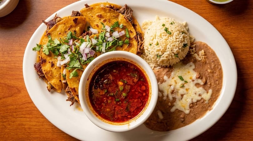 Three birria tacos with cilantro and onions, a side of rice, refried beans, and consommé.